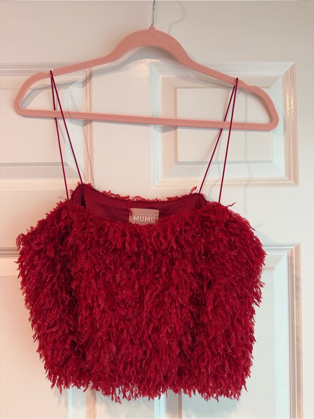 Show Me Your MUMU Red Feathered Crop Tank Top